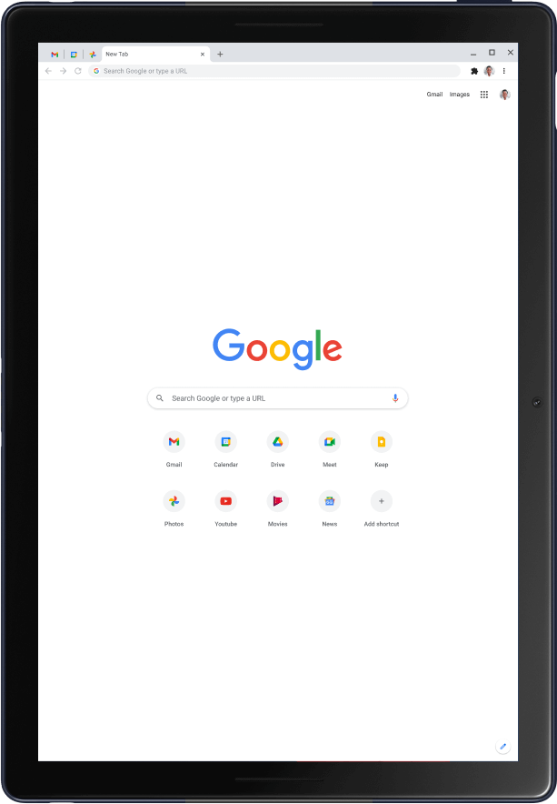جهاز Pixel Slate لوحي في الوضع الرأسي يعرض صفحة Google الرئيسية